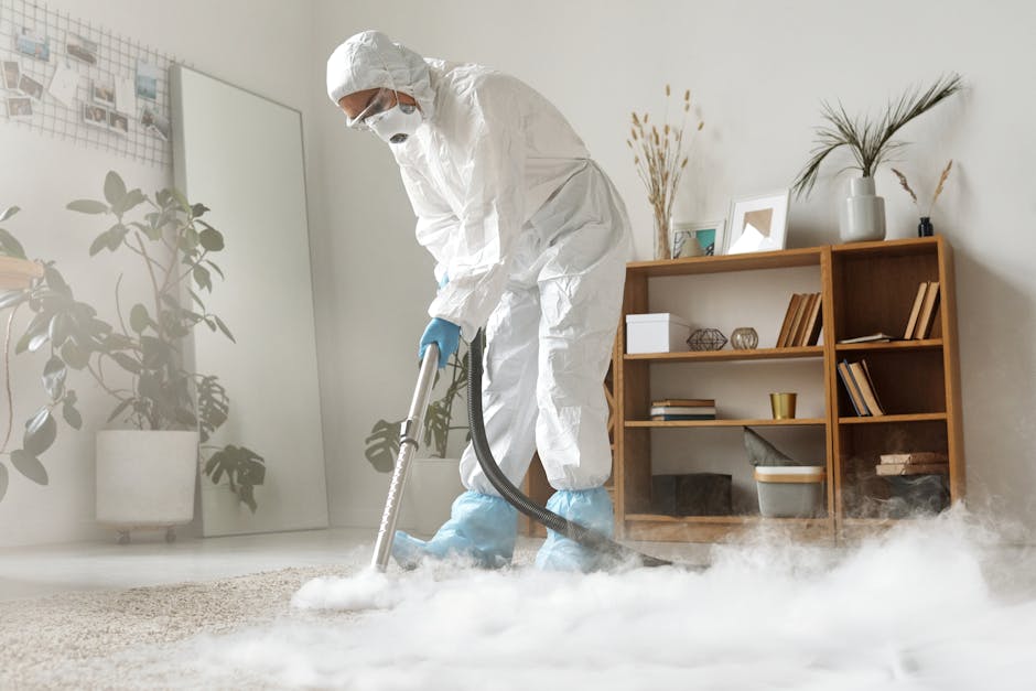 A professional cleaner wearing a full white protective suit, face mask, and blue gloves is performing surface cleaning on a beige carpet using a steam cleaning machine in a modern living room. The room features a wooden bookshelf with a few decorative items, including vases and books, against a white wall, with natural light illuminating the space. Potted plants and framed pictures are visible, and the carpet appears wet and steaming from the cleaning process, indicating deep sanitisation by Kennington Carpet Cleaning as part of their domestic cleaning services. The scene emphasizes attention to hygiene and meticulous cleaning procedures in a residential setting.